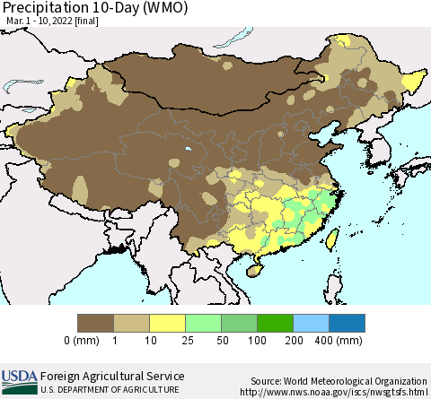 China, Mongolia and Taiwan Precipitation 10-Day (WMO) Thematic Map For 3/1/2022 - 3/10/2022