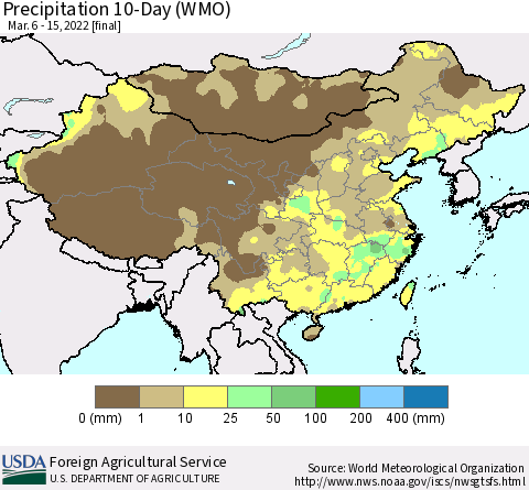 China, Mongolia and Taiwan Precipitation 10-Day (WMO) Thematic Map For 3/6/2022 - 3/15/2022
