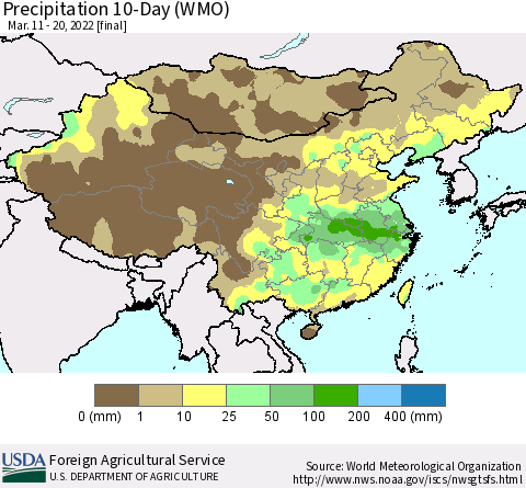 China, Mongolia and Taiwan Precipitation 10-Day (WMO) Thematic Map For 3/11/2022 - 3/20/2022
