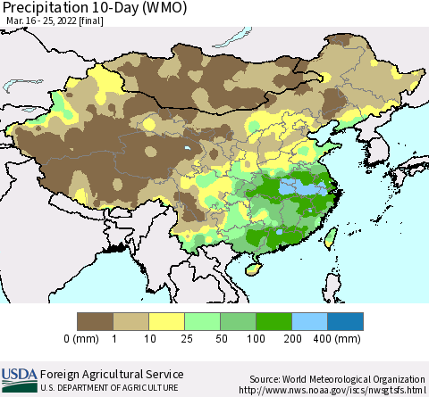 China, Mongolia and Taiwan Precipitation 10-Day (WMO) Thematic Map For 3/16/2022 - 3/25/2022