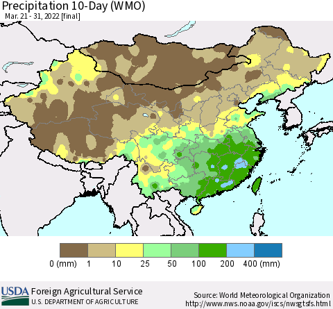 China, Mongolia and Taiwan Precipitation 10-Day (WMO) Thematic Map For 3/21/2022 - 3/31/2022