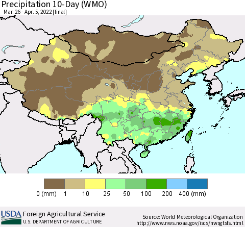 China, Mongolia and Taiwan Precipitation 10-Day (WMO) Thematic Map For 3/26/2022 - 4/5/2022