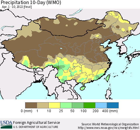 China, Mongolia and Taiwan Precipitation 10-Day (WMO) Thematic Map For 4/1/2022 - 4/10/2022