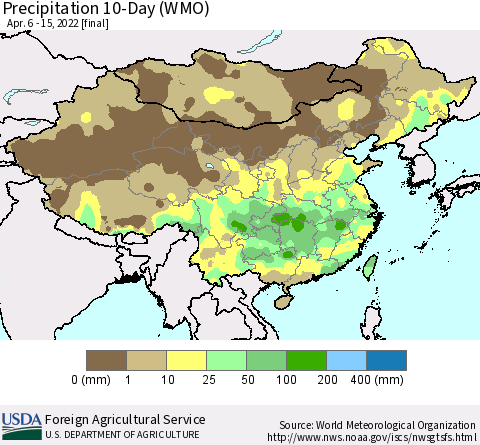 China, Mongolia and Taiwan Precipitation 10-Day (WMO) Thematic Map For 4/6/2022 - 4/15/2022