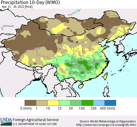 China, Mongolia and Taiwan Precipitation 10-Day (WMO) Thematic Map For 4/11/2022 - 4/20/2022