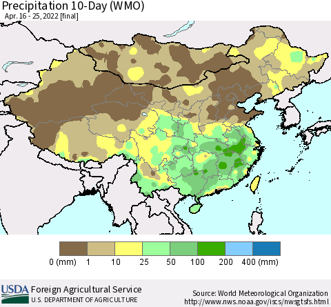 China, Mongolia and Taiwan Precipitation 10-Day (WMO) Thematic Map For 4/16/2022 - 4/25/2022