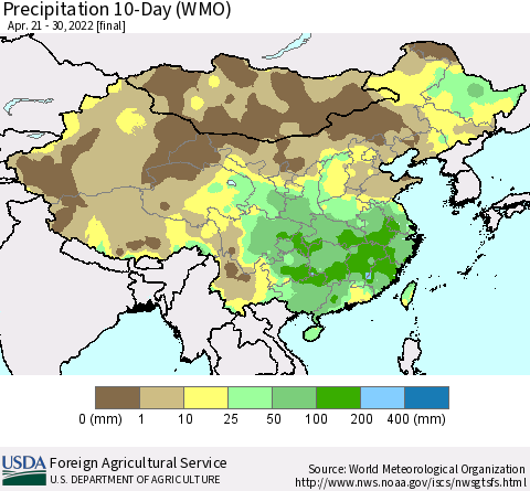 China, Mongolia and Taiwan Precipitation 10-Day (WMO) Thematic Map For 4/21/2022 - 4/30/2022