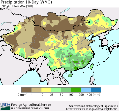China, Mongolia and Taiwan Precipitation 10-Day (WMO) Thematic Map For 4/26/2022 - 5/5/2022