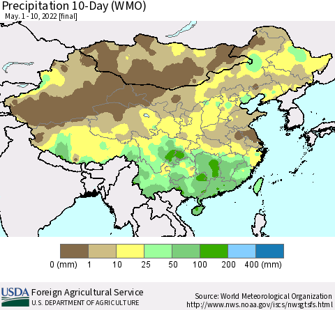China, Mongolia and Taiwan Precipitation 10-Day (WMO) Thematic Map For 5/1/2022 - 5/10/2022