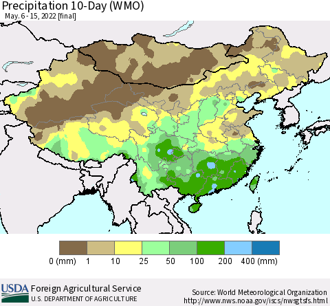 China, Mongolia and Taiwan Precipitation 10-Day (WMO) Thematic Map For 5/6/2022 - 5/15/2022