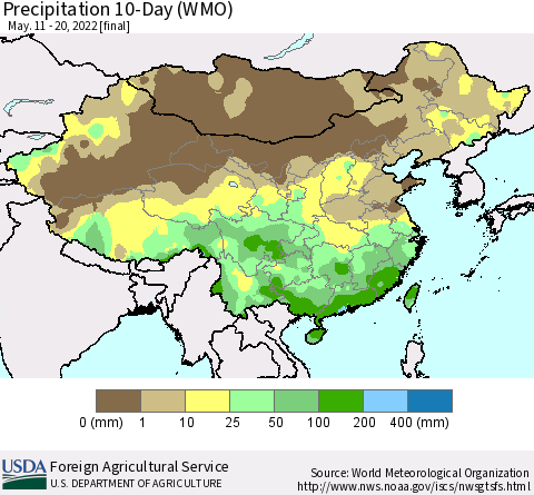 China, Mongolia and Taiwan Precipitation 10-Day (WMO) Thematic Map For 5/11/2022 - 5/20/2022