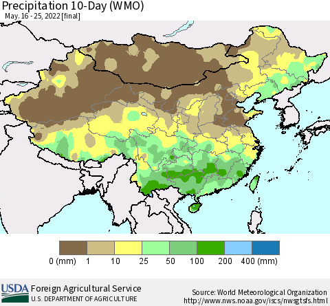 China, Mongolia and Taiwan Precipitation 10-Day (WMO) Thematic Map For 5/16/2022 - 5/25/2022