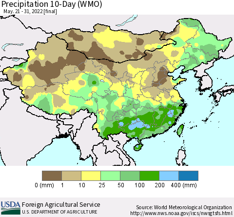 China, Mongolia and Taiwan Precipitation 10-Day (WMO) Thematic Map For 5/21/2022 - 5/31/2022