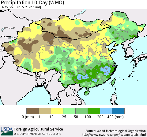 China, Mongolia and Taiwan Precipitation 10-Day (WMO) Thematic Map For 5/26/2022 - 6/5/2022