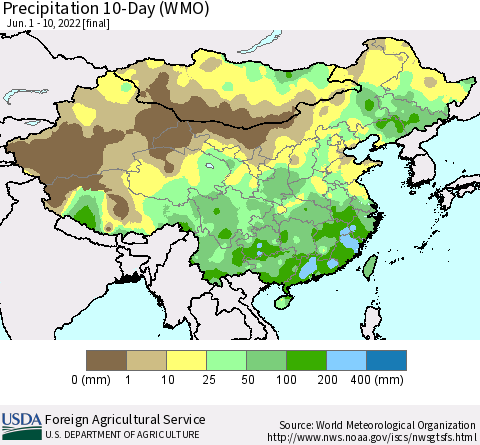 China, Mongolia and Taiwan Precipitation 10-Day (WMO) Thematic Map For 6/1/2022 - 6/10/2022