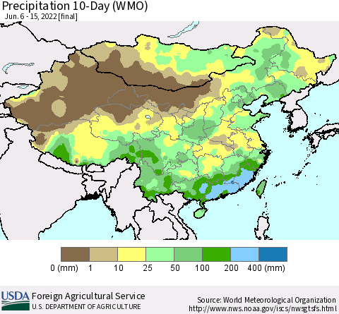 China, Mongolia and Taiwan Precipitation 10-Day (WMO) Thematic Map For 6/6/2022 - 6/15/2022