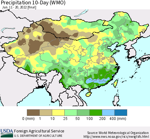 China, Mongolia and Taiwan Precipitation 10-Day (WMO) Thematic Map For 6/11/2022 - 6/20/2022
