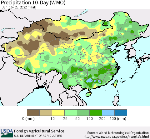 China, Mongolia and Taiwan Precipitation 10-Day (WMO) Thematic Map For 6/16/2022 - 6/25/2022