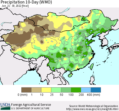 China, Mongolia and Taiwan Precipitation 10-Day (WMO) Thematic Map For 6/21/2022 - 6/30/2022