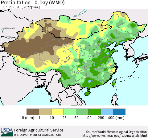 China, Mongolia and Taiwan Precipitation 10-Day (WMO) Thematic Map For 6/26/2022 - 7/5/2022