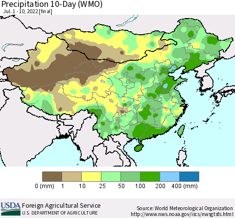 China, Mongolia and Taiwan Precipitation 10-Day (WMO) Thematic Map For 7/1/2022 - 7/10/2022