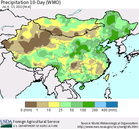 China, Mongolia and Taiwan Precipitation 10-Day (WMO) Thematic Map For 7/6/2022 - 7/15/2022
