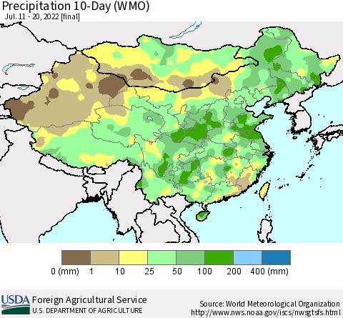 China, Mongolia and Taiwan Precipitation 10-Day (WMO) Thematic Map For 7/11/2022 - 7/20/2022