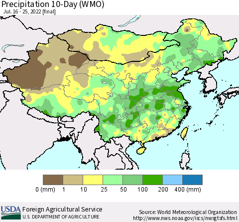 China, Mongolia and Taiwan Precipitation 10-Day (WMO) Thematic Map For 7/16/2022 - 7/25/2022