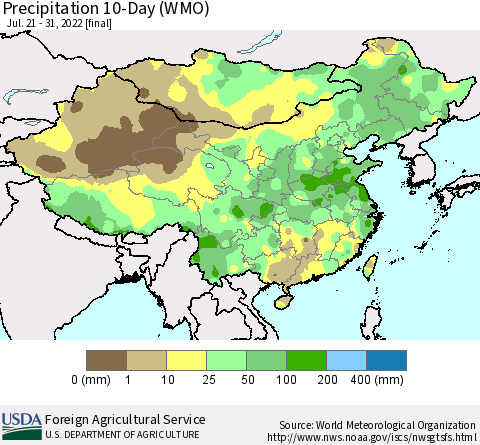 China, Mongolia and Taiwan Precipitation 10-Day (WMO) Thematic Map For 7/21/2022 - 7/31/2022