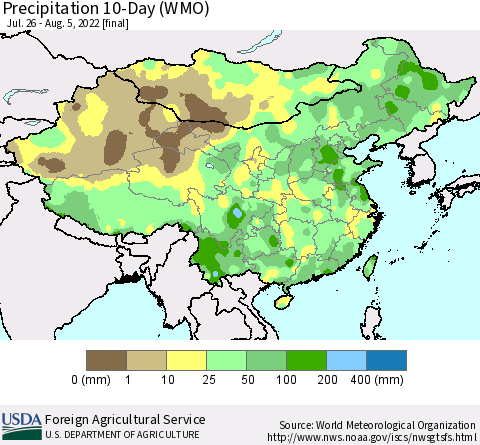 China, Mongolia and Taiwan Precipitation 10-Day (WMO) Thematic Map For 7/26/2022 - 8/5/2022