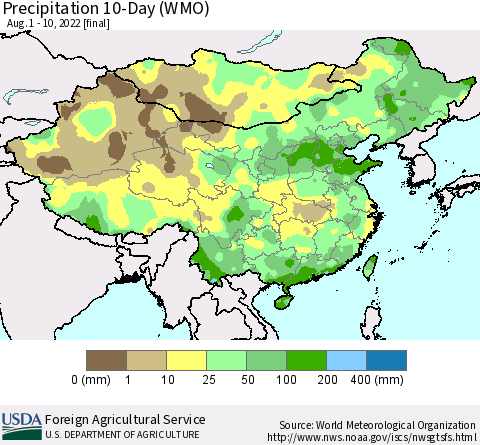 China, Mongolia and Taiwan Precipitation 10-Day (WMO) Thematic Map For 8/1/2022 - 8/10/2022