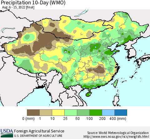 China, Mongolia and Taiwan Precipitation 10-Day (WMO) Thematic Map For 8/6/2022 - 8/15/2022