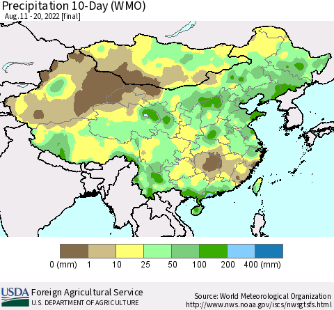 China, Mongolia and Taiwan Precipitation 10-Day (WMO) Thematic Map For 8/11/2022 - 8/20/2022