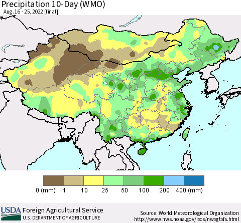China, Mongolia and Taiwan Precipitation 10-Day (WMO) Thematic Map For 8/16/2022 - 8/25/2022