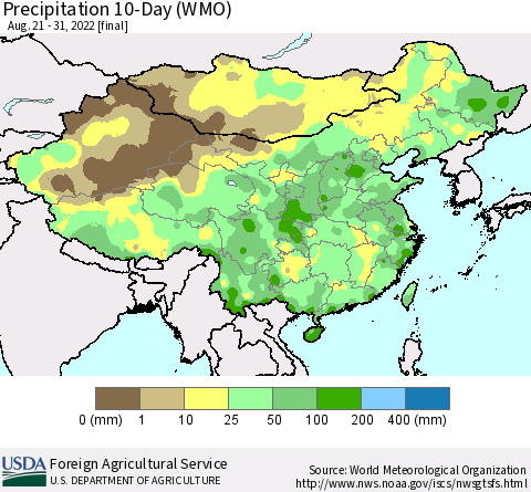 China, Mongolia and Taiwan Precipitation 10-Day (WMO) Thematic Map For 8/21/2022 - 8/31/2022
