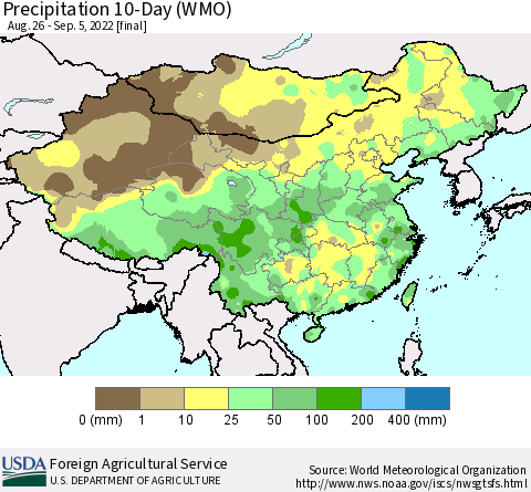 China, Mongolia and Taiwan Precipitation 10-Day (WMO) Thematic Map For 8/26/2022 - 9/5/2022