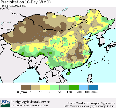 China, Mongolia and Taiwan Precipitation 10-Day (WMO) Thematic Map For 9/1/2022 - 9/10/2022