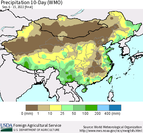 China, Mongolia and Taiwan Precipitation 10-Day (WMO) Thematic Map For 9/6/2022 - 9/15/2022