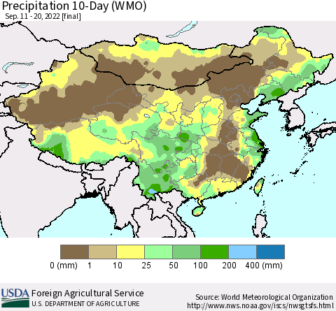 China, Mongolia and Taiwan Precipitation 10-Day (WMO) Thematic Map For 9/11/2022 - 9/20/2022