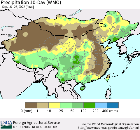 China, Mongolia and Taiwan Precipitation 10-Day (WMO) Thematic Map For 9/16/2022 - 9/25/2022