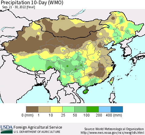 China, Mongolia and Taiwan Precipitation 10-Day (WMO) Thematic Map For 9/21/2022 - 9/30/2022