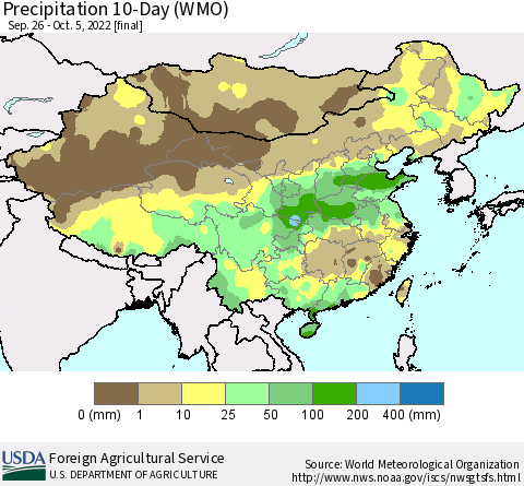 China, Mongolia and Taiwan Precipitation 10-Day (WMO) Thematic Map For 9/26/2022 - 10/5/2022