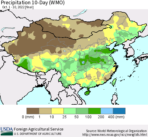 China, Mongolia and Taiwan Precipitation 10-Day (WMO) Thematic Map For 10/1/2022 - 10/10/2022
