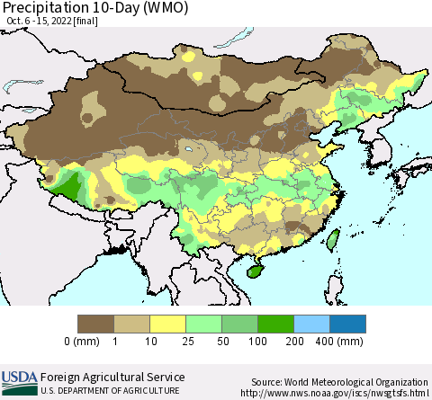 China, Mongolia and Taiwan Precipitation 10-Day (WMO) Thematic Map For 10/6/2022 - 10/15/2022