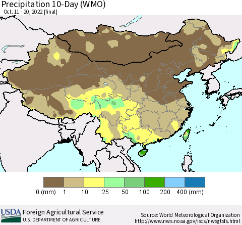 China, Mongolia and Taiwan Precipitation 10-Day (WMO) Thematic Map For 10/11/2022 - 10/20/2022