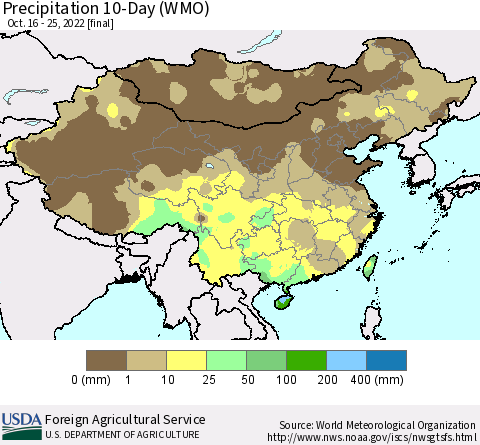 China, Mongolia and Taiwan Precipitation 10-Day (WMO) Thematic Map For 10/16/2022 - 10/25/2022