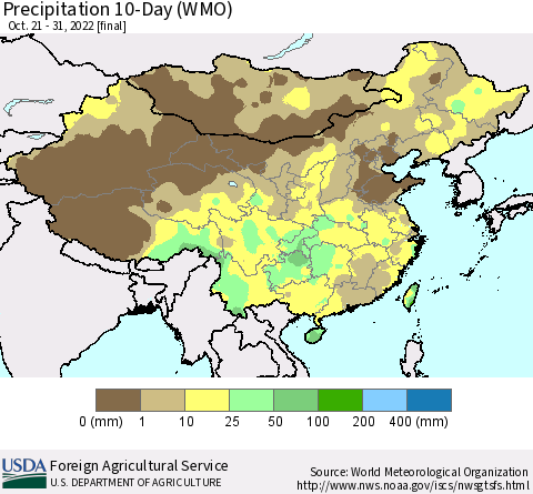 China, Mongolia and Taiwan Precipitation 10-Day (WMO) Thematic Map For 10/21/2022 - 10/31/2022