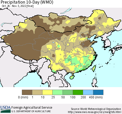 China, Mongolia and Taiwan Precipitation 10-Day (WMO) Thematic Map For 10/26/2022 - 11/5/2022