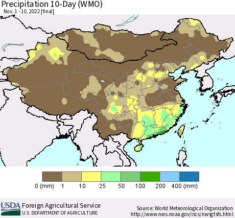China, Mongolia and Taiwan Precipitation 10-Day (WMO) Thematic Map For 11/1/2022 - 11/10/2022