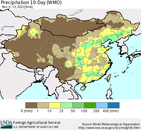 China, Mongolia and Taiwan Precipitation 10-Day (WMO) Thematic Map For 11/6/2022 - 11/15/2022